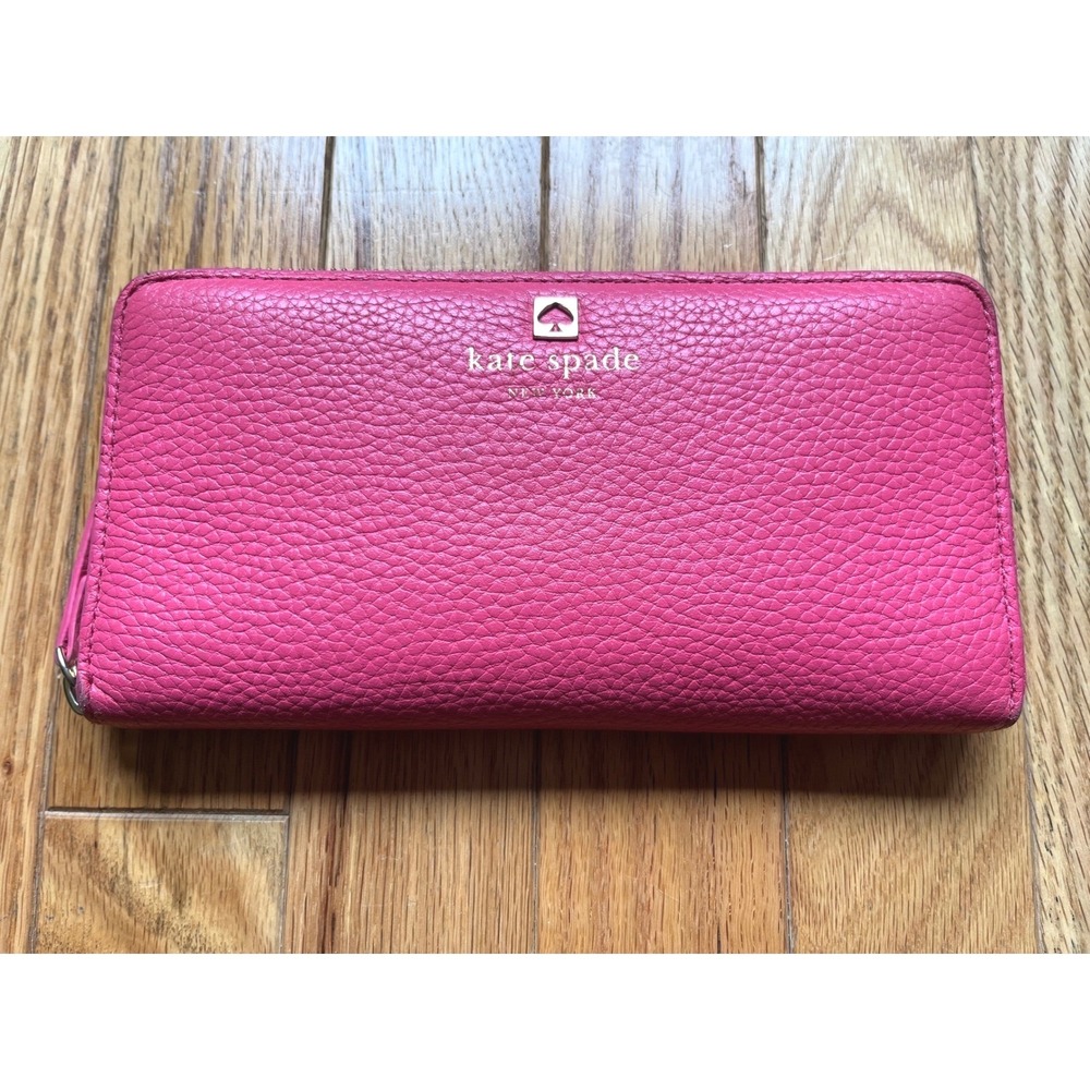 Kate Spade New York Pink Pebbled Leather Zip Around Continental Wallet Gold Logo